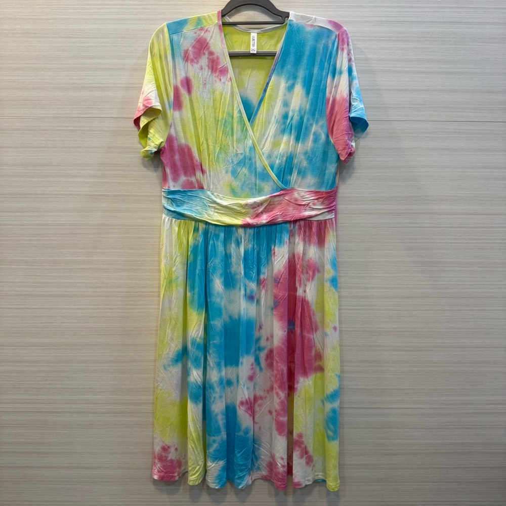 Lilbetter Tie-Dye V-Neck Wrap Midi Dress in Blue, Pink & Yellow Pockets 2XL
